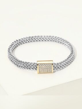 14K Gold Plated CZ Pave Clasp Accent Braided Mesh Magnetic Bracelet